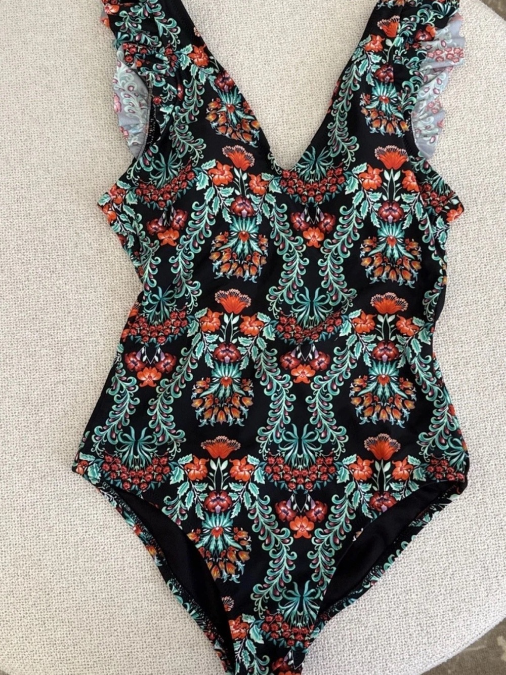 Jessica Simpson Black One-Piece Swimsuit with Teal & Coral Floral Print